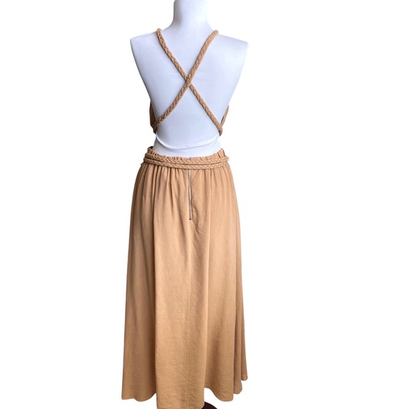 NEW‎ ALICE + OLIVIA Faith Braided Cut Out Open Back Midi Dress Size 6 Tan Linen - Picture 8 of 12